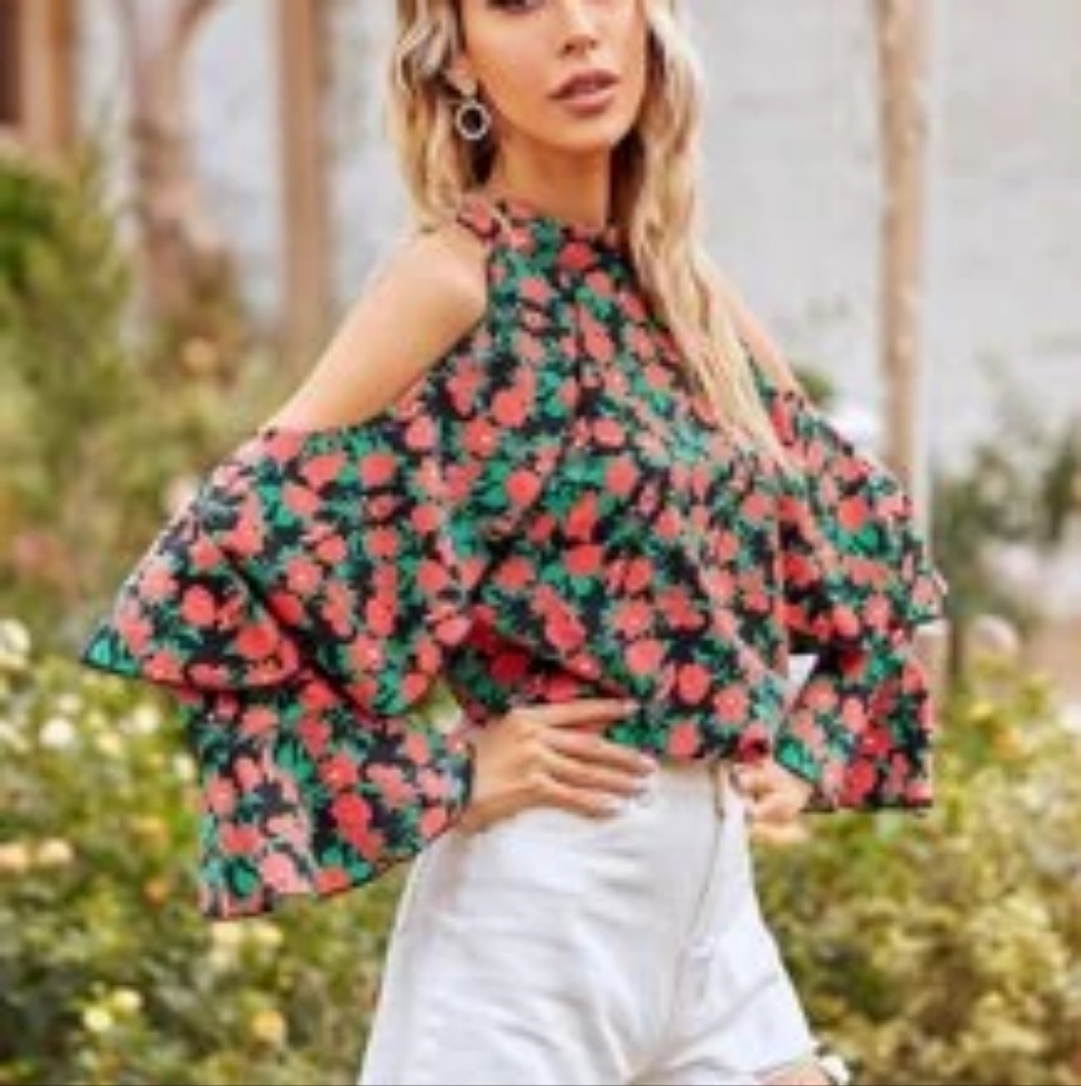 Floral Print Ruffle Cold Shoulder Blouse Green Size L